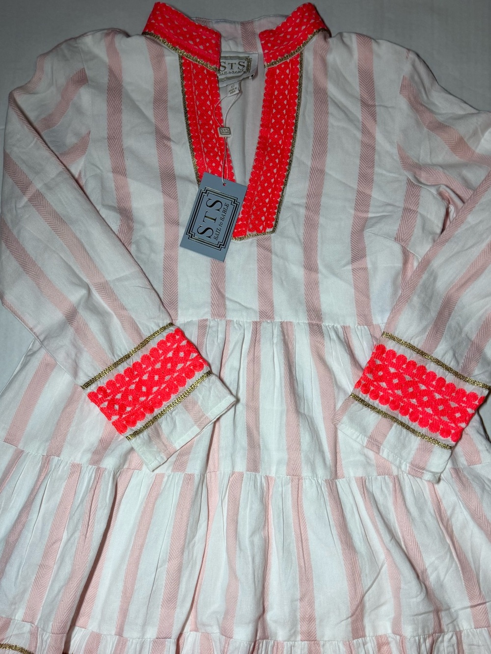 NWT Sail to Sable Pink White Stripe Embroidered Tiered Mini Dress XS